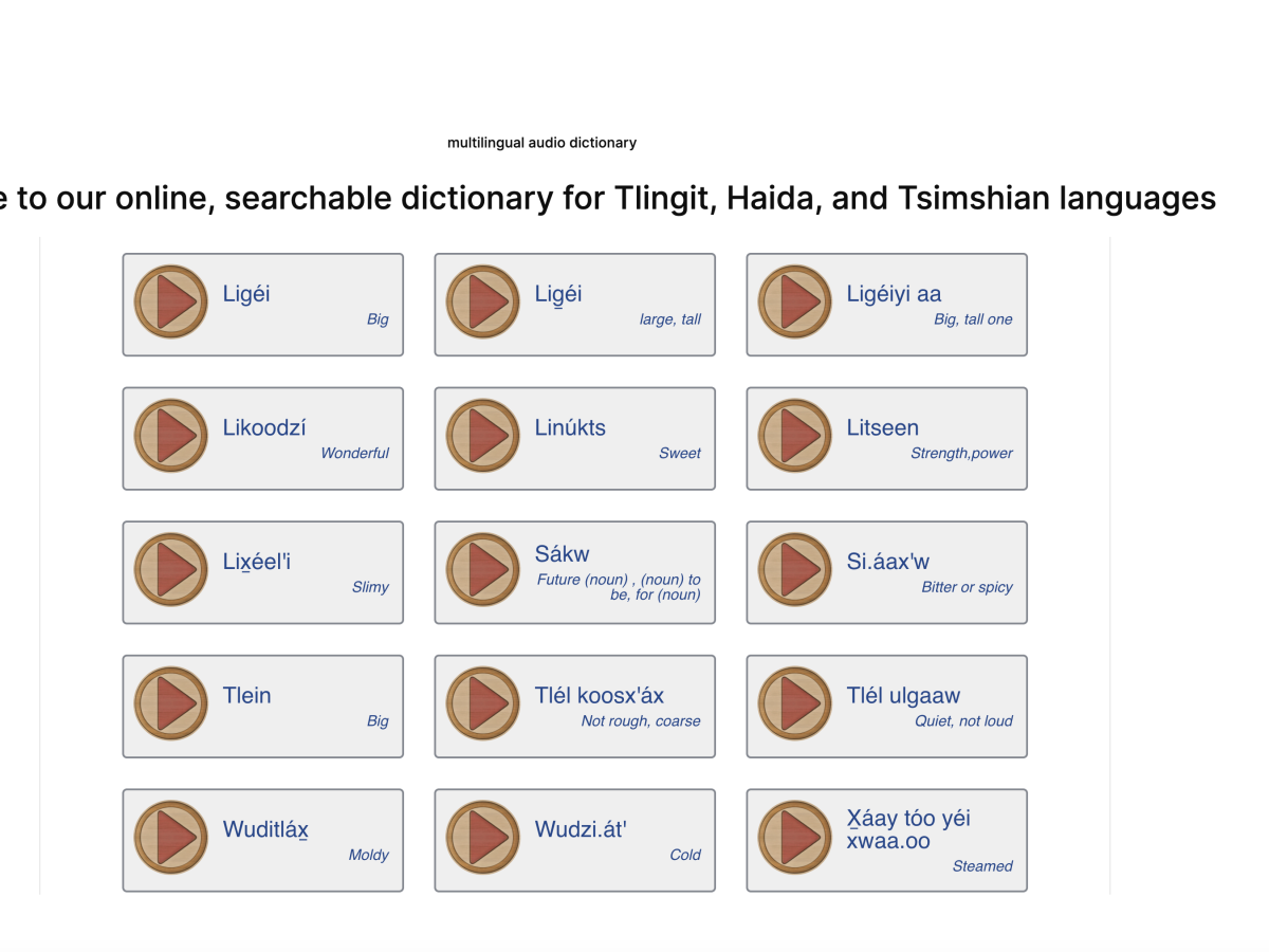A screenshot of the Tlingít language portion of Sealaska Heritage Institute's new multilingual dictionary.
